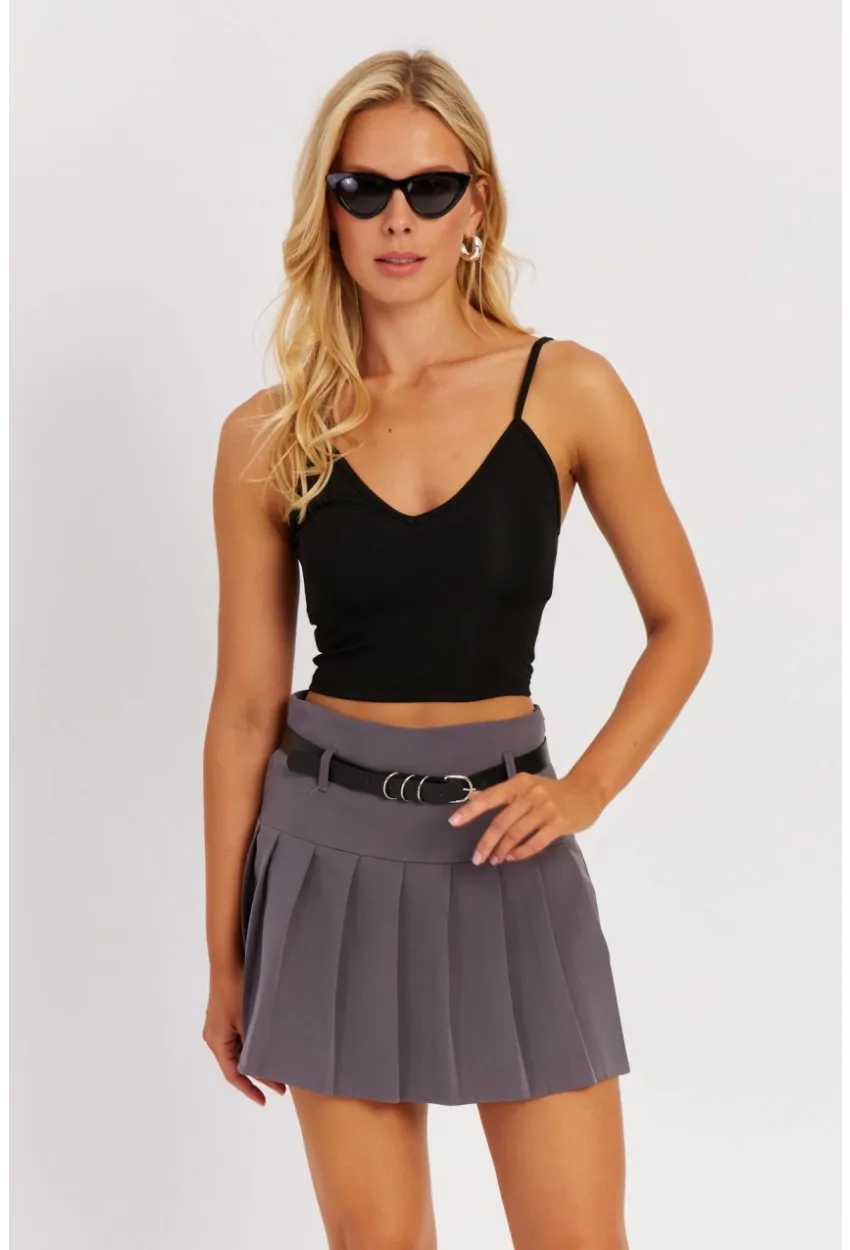 Kadın Gri Pilise Kemerli Mini Etek SGT402