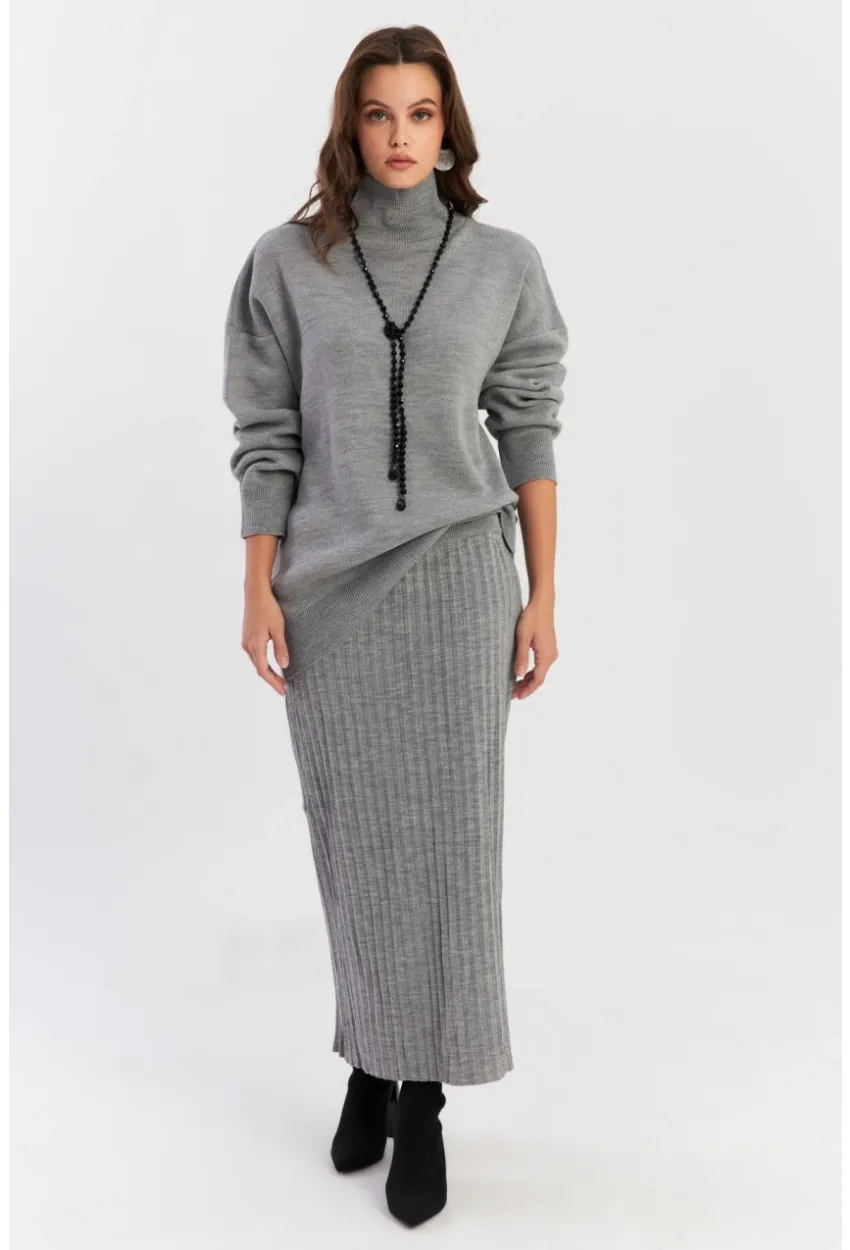 Kadın Gri Plili Alt Üst Triko Takım SF2554