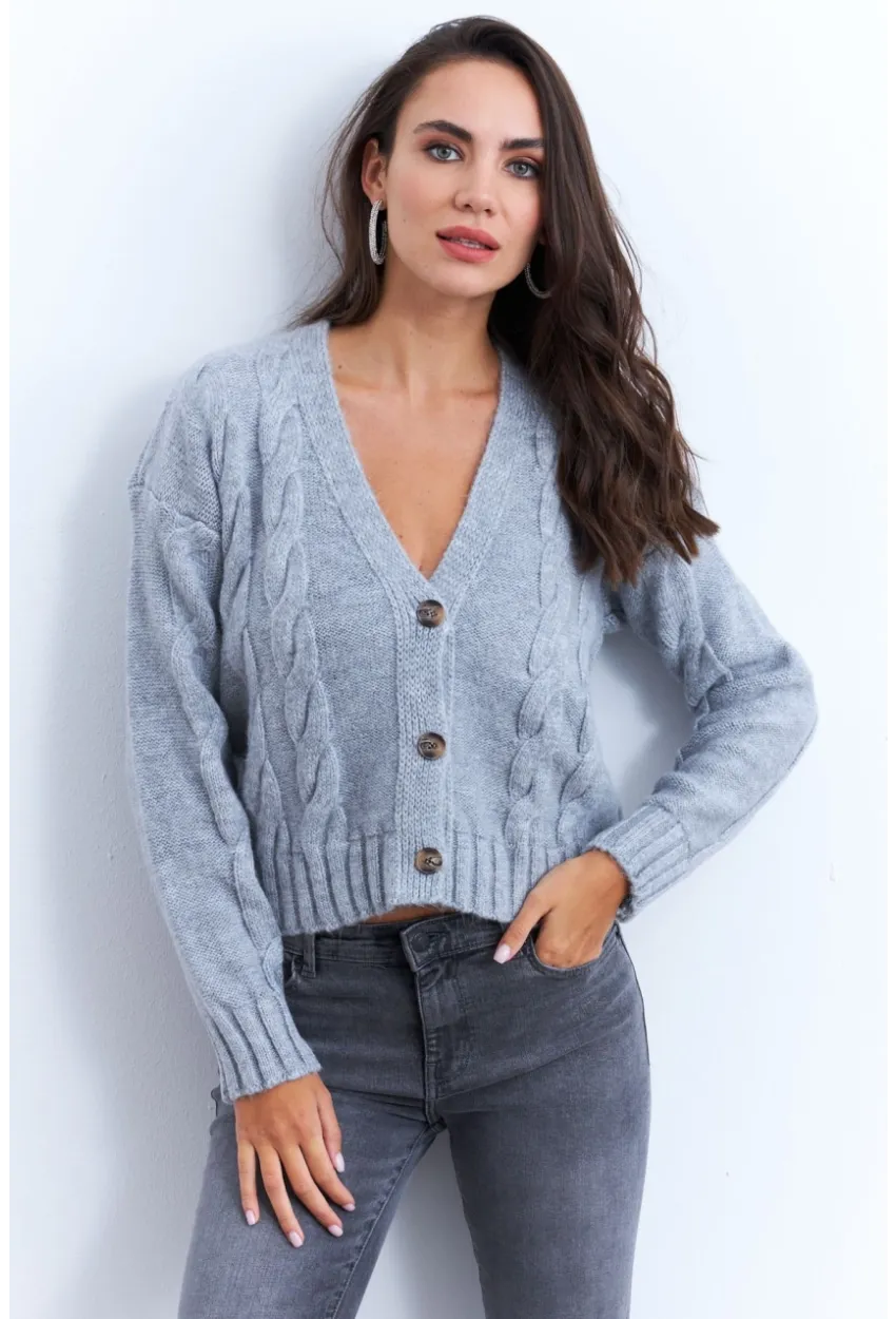 Kadın Gri Saç Örgülü Hırka YV295