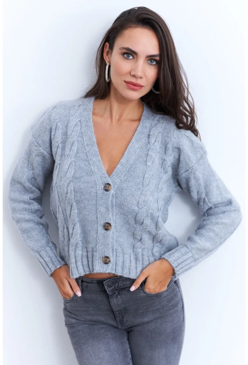 Kadın Gri Saç Örgülü Hırka YV295