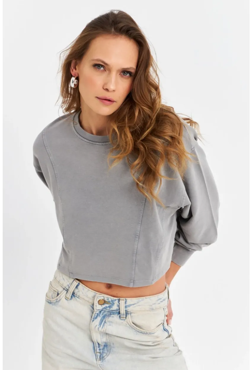 Kadın Gri Salaş Crop Sweatshirt ZH08