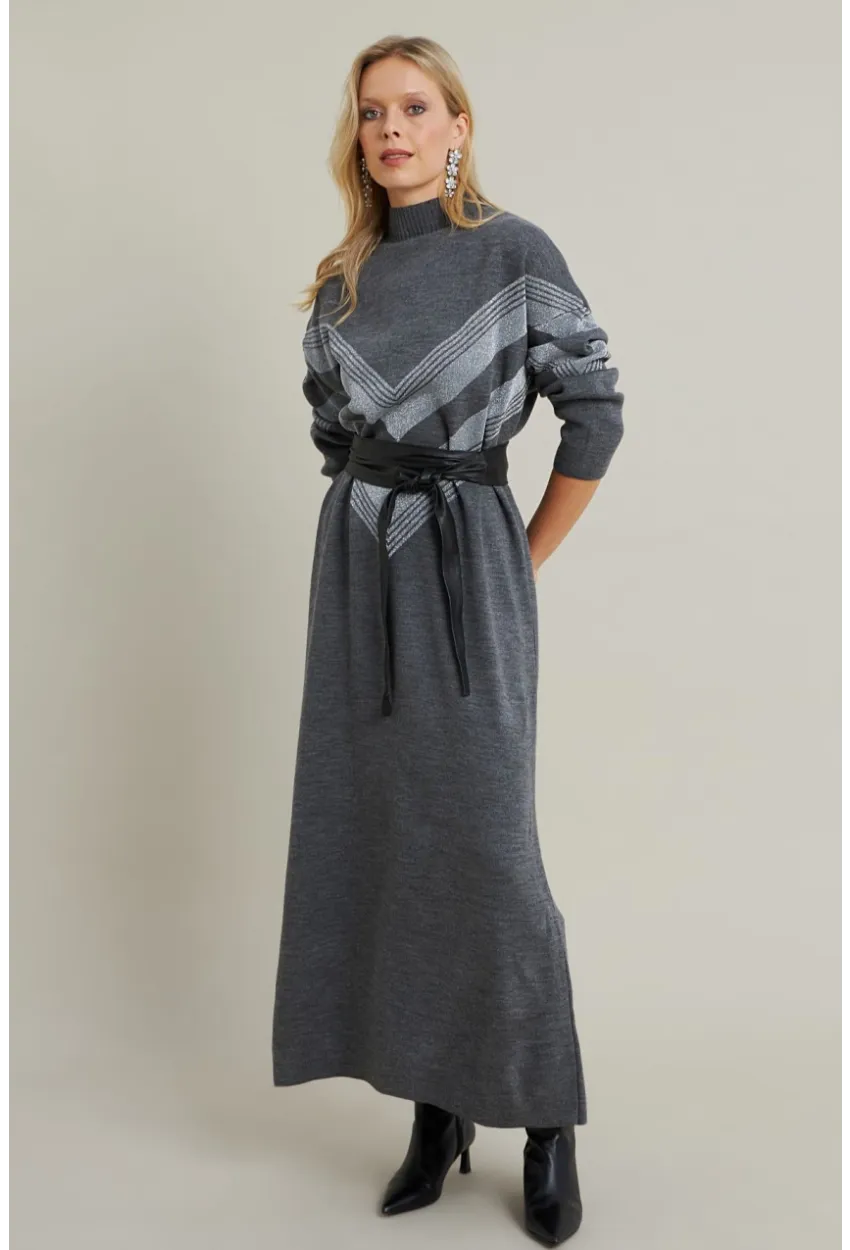 Kadın Gri Simli Maxi Triko Elbise MTC3215