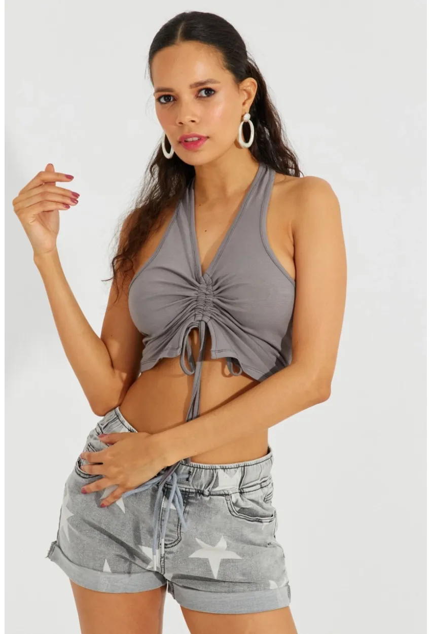 Kadın Gri Sırtı Açık Crop Bluz B2697