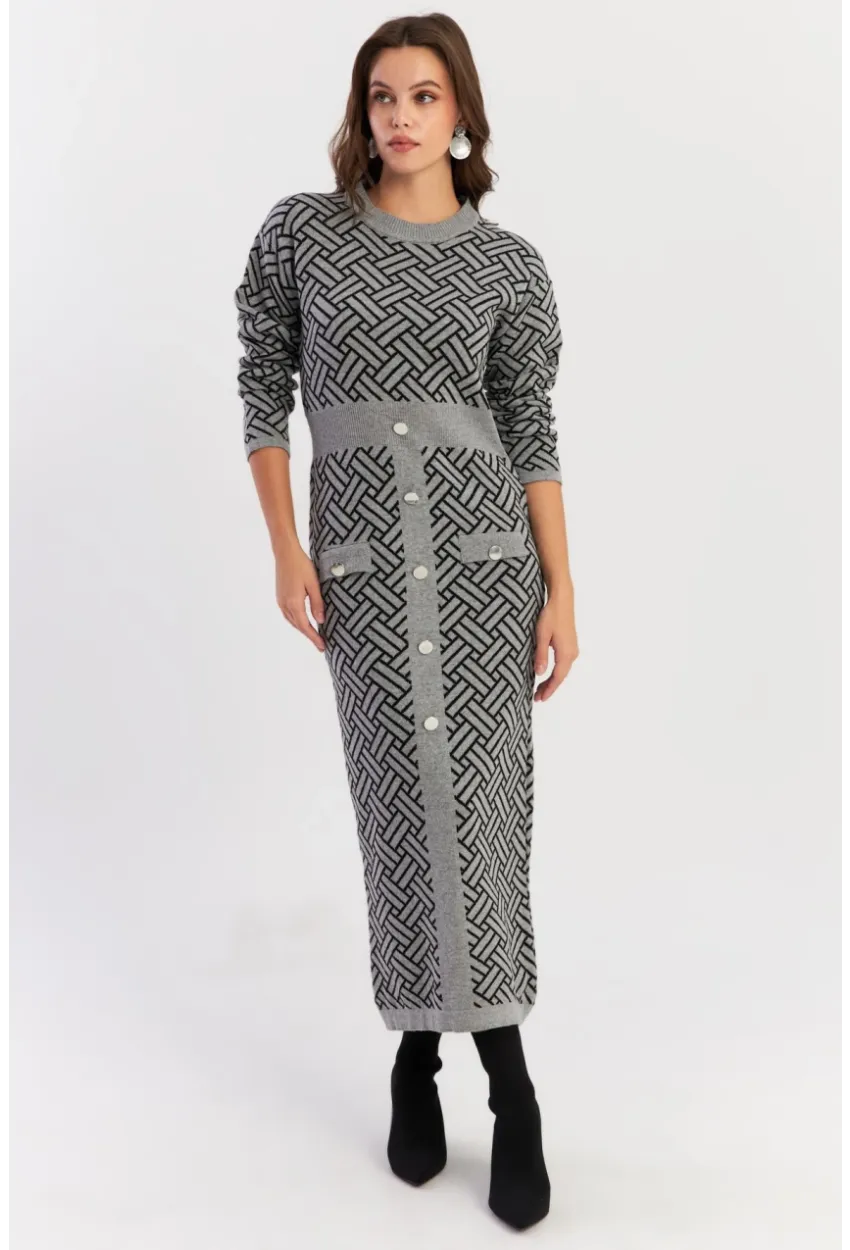 Kadın Gri-Siyah Düğme Aksesuarlı Desenli Maxi Elbise NUV41