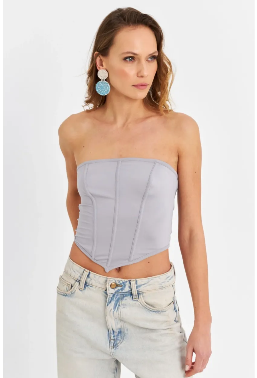 Kadın Gri Straplez Crop Bluz B6081