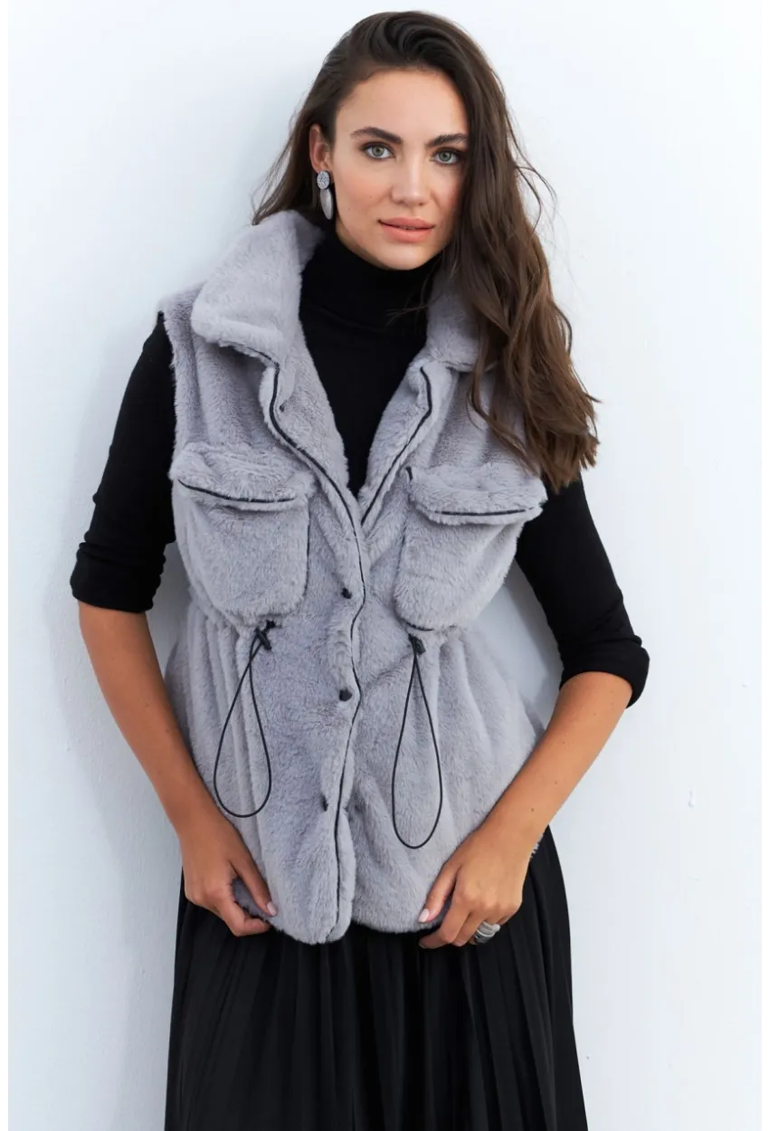 Kadın Gri Suni Kürk Cepli Yelek MK66
