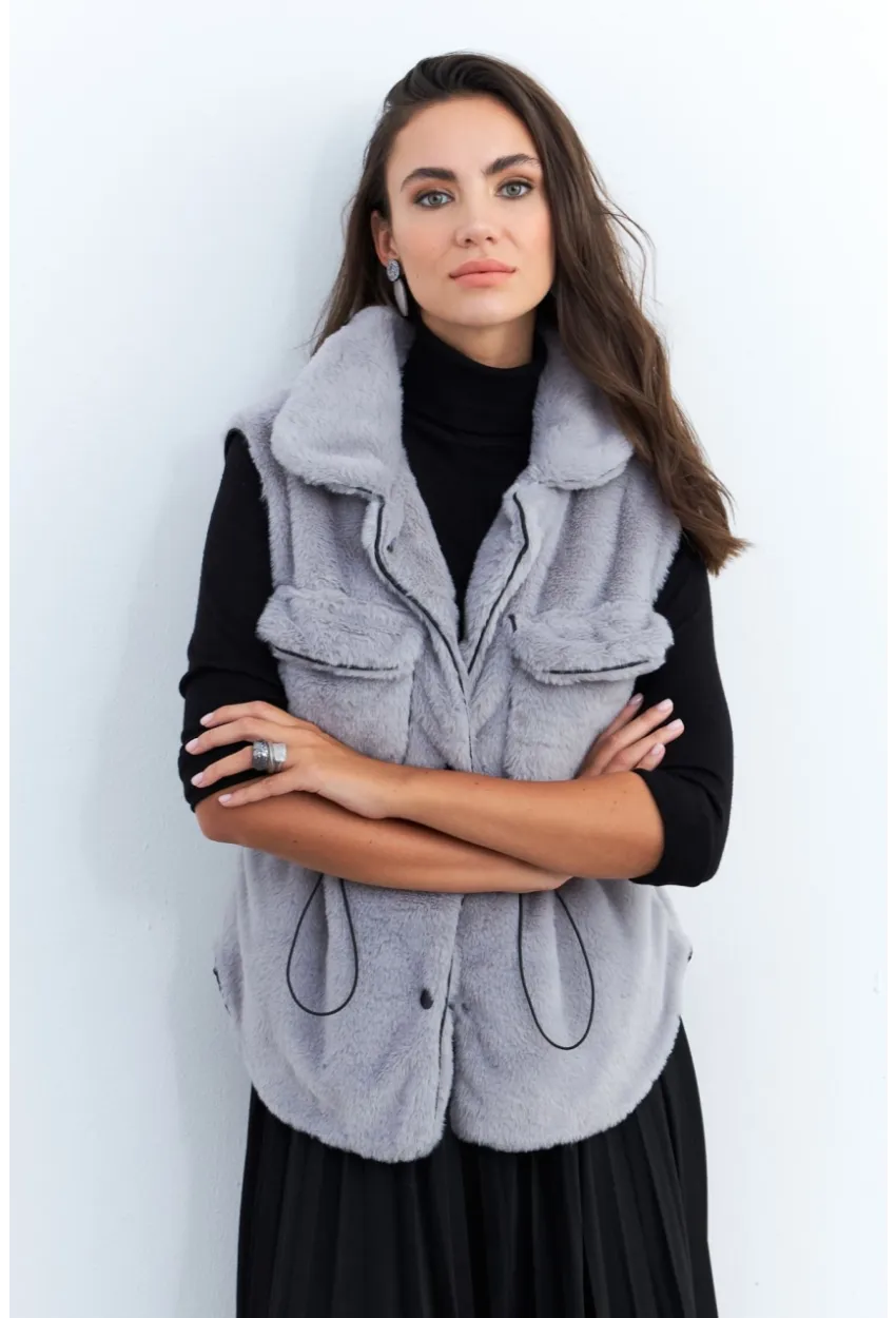 Kadın Gri Suni Kürk Cepli Yelek MK66