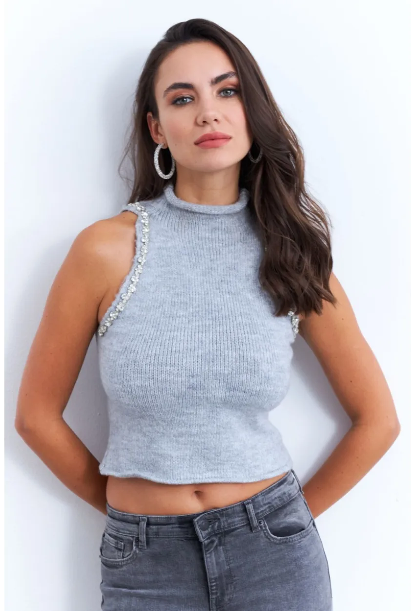 Kadın Gri Taş Detaylı Triko Bluz KED172
