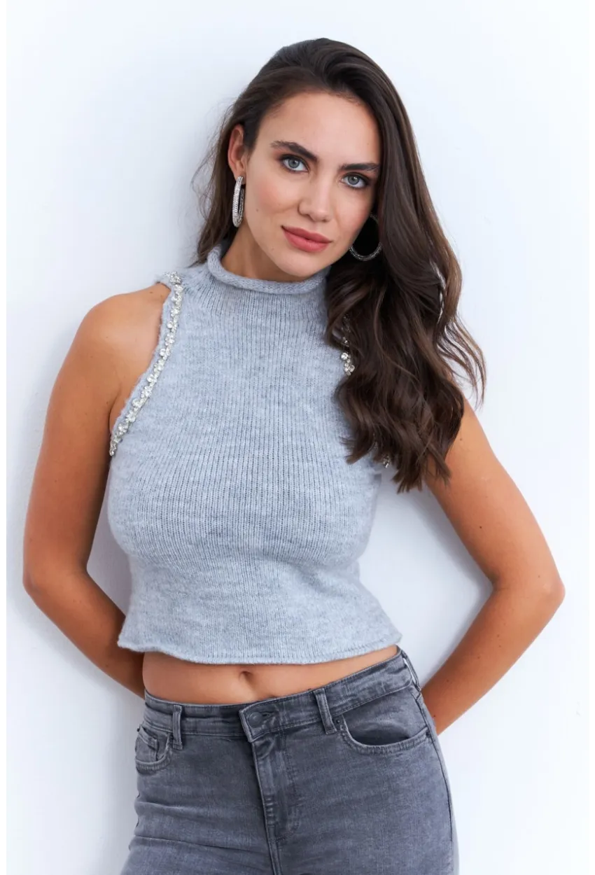 Kadın Gri Taş Detaylı Triko Bluz KED172