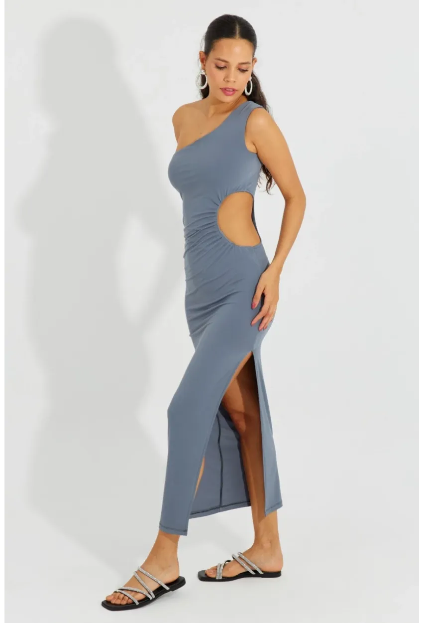 Kadın Gri Tek Omuz Yırtmaçlı Maxi Elbise B2629