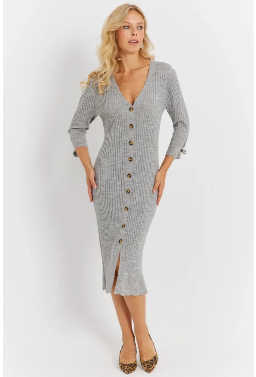 Kadın Gri Triko Midi Gömlek Elbise YV274