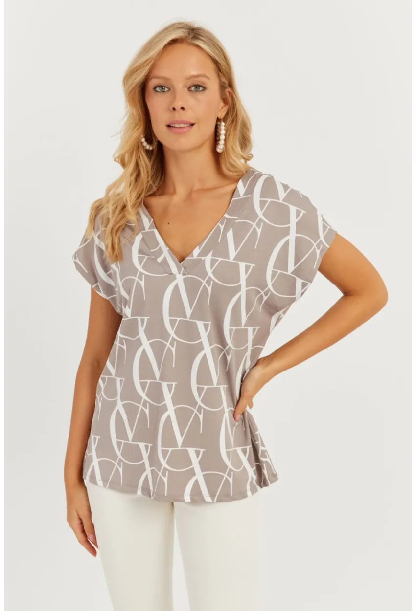 Kadın Gri V Yaka Desenli Bluz AYD293