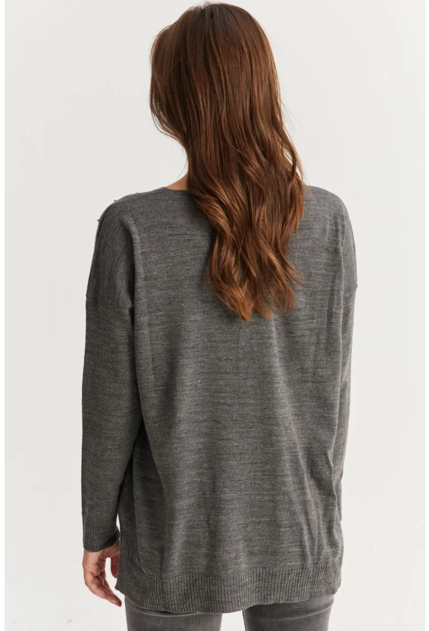 Kadın Gri V Yaka Taşlı İnce Triko Bluz YİL002