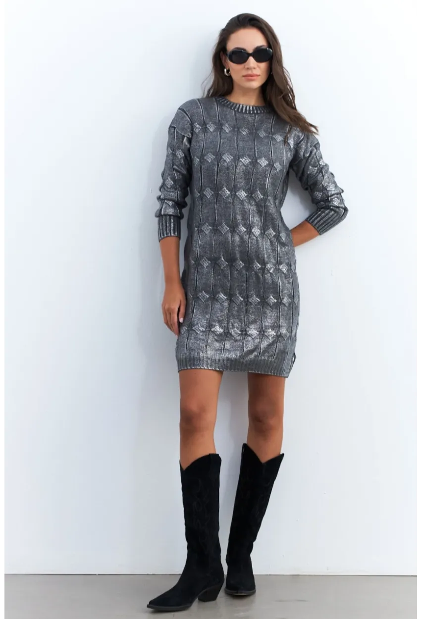 Kadın Gri Varaklı Triko Midi Elbise NAR446