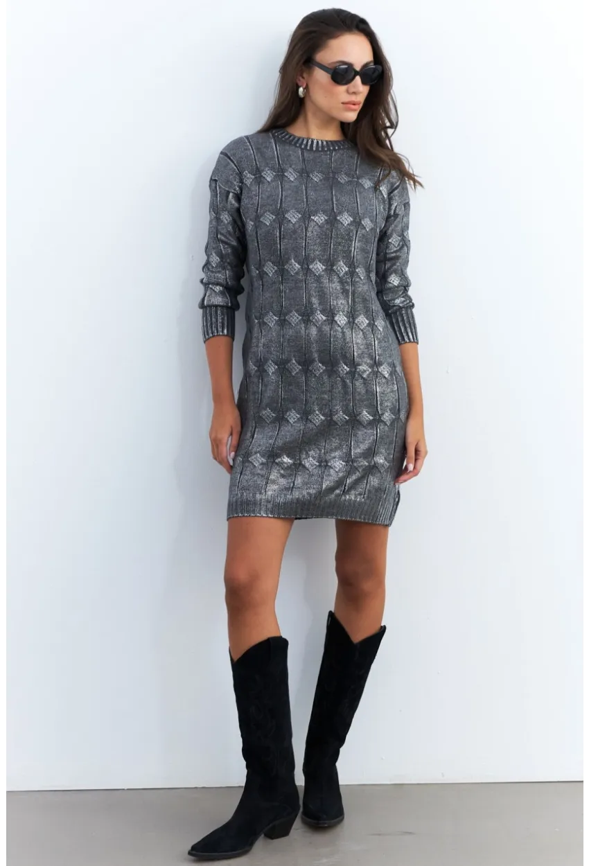 Kadın Gri Varaklı Triko Midi Elbise NAR446