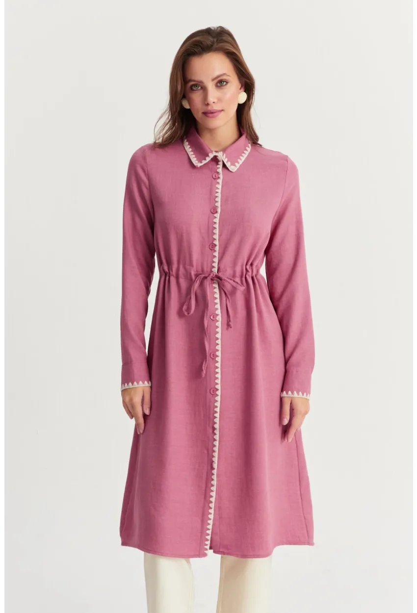 Kadın Gül Kurusu Garnili Gömlek Midi Elbise MASF10