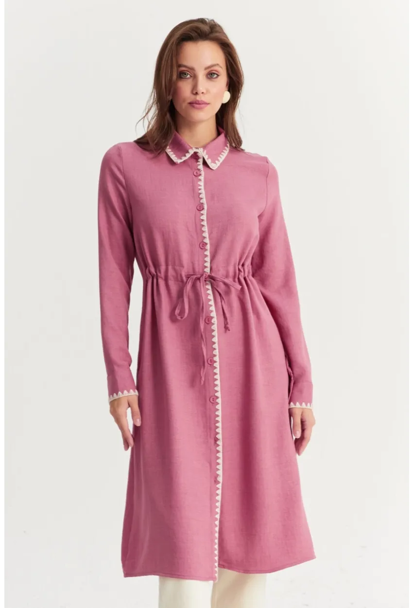 Kadın Gül Kurusu Garnili Gömlek Midi Elbise MASF10