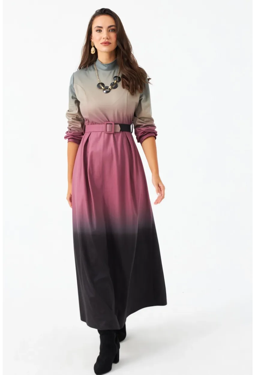 Kadın Gül Kurusu Kemerli Maxi Elbise MHAD4974