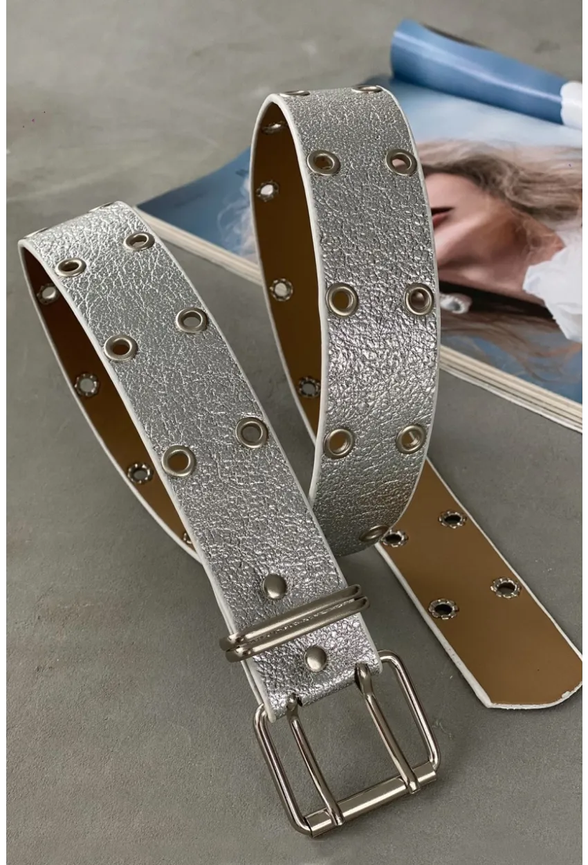 Kadın Gümüş Rengi Kuş Gözlü Simli Kemer BE619