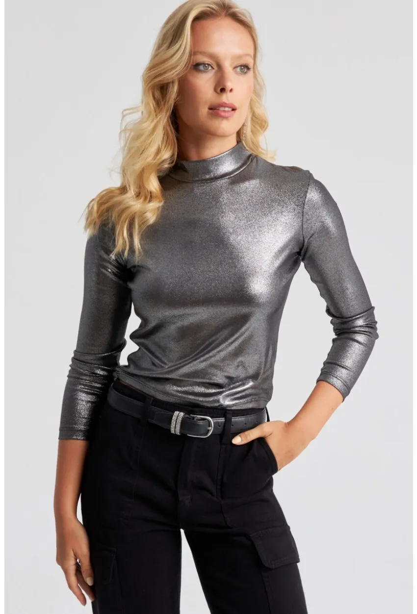 Kadın Gümüş Rengi Parlak Bluz LPP1245