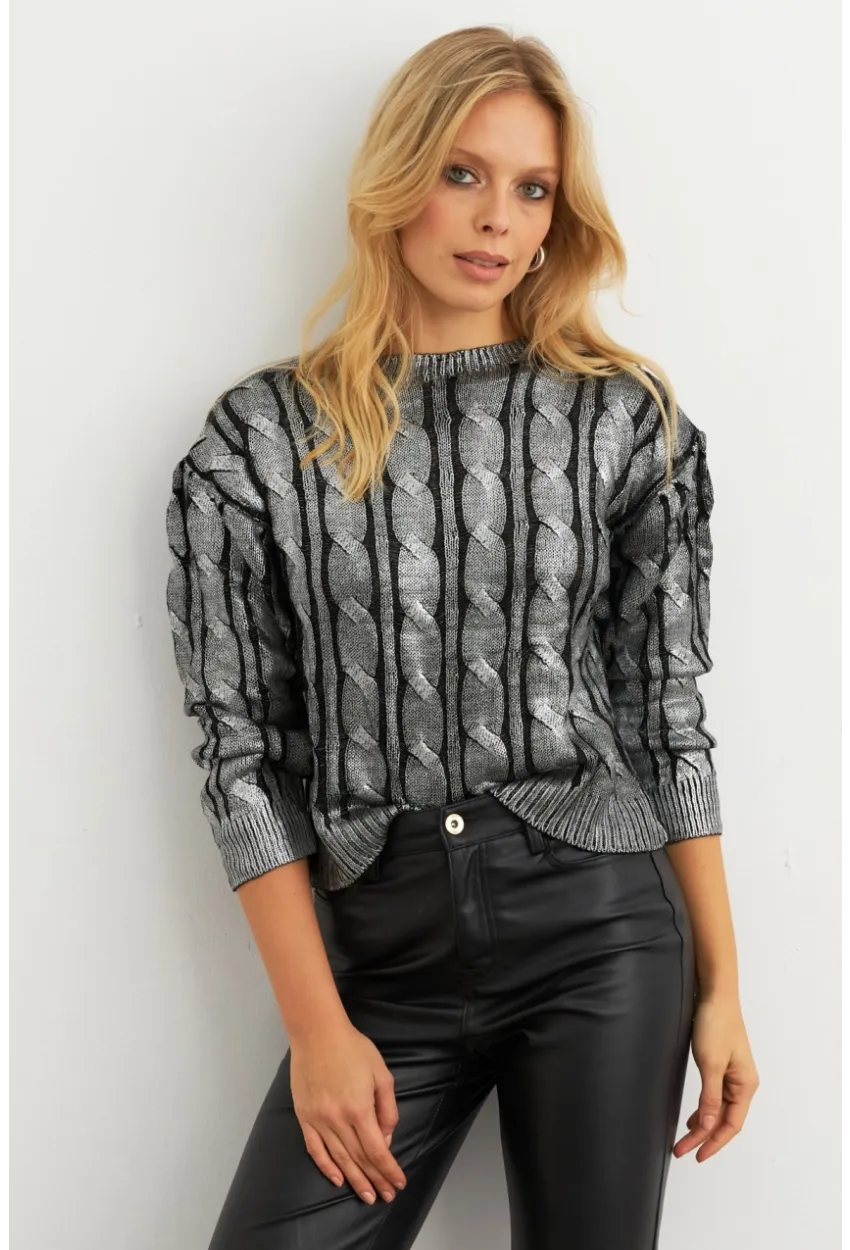 Kadın Gümüş Rengi Saç Örgülü Vatkalı Triko Bluz RM618