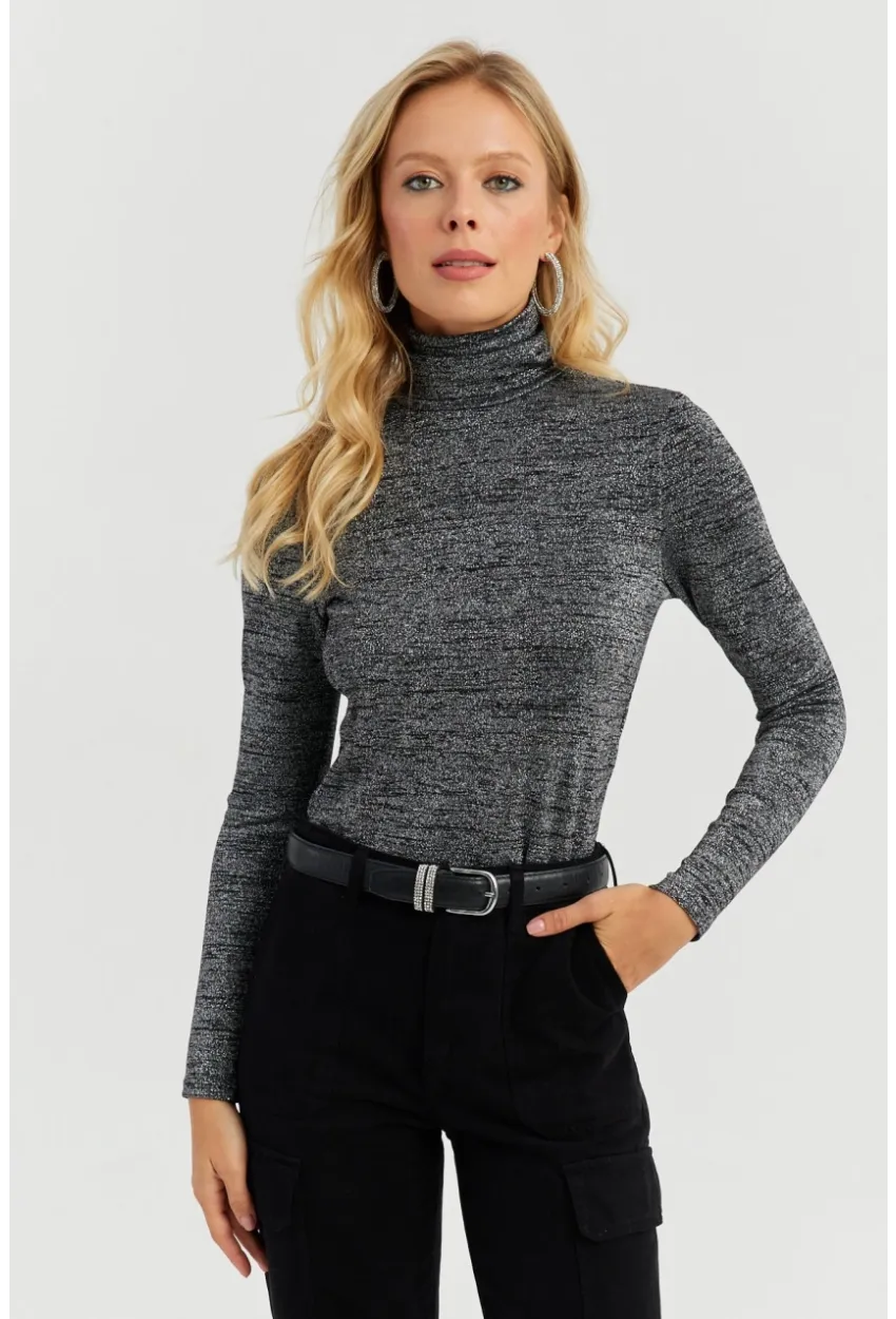 Kadın Gümüş Rengi Simli Balıkçı Bluz RX435