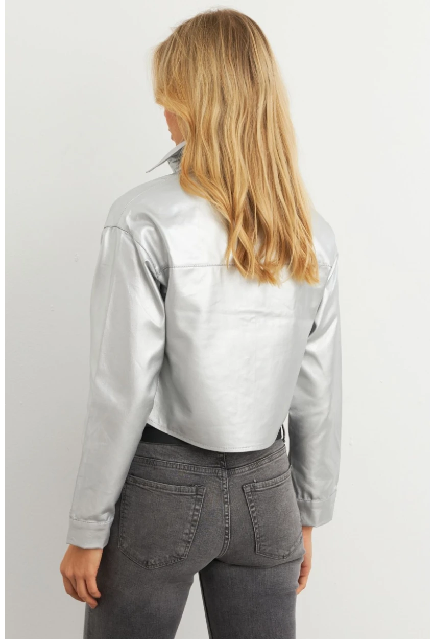 Kadın Gümüş Rengi Varaklı Cropped Ceket KAM302