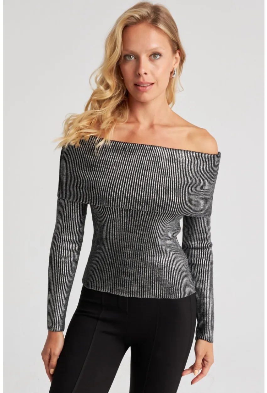 Kadın Gümüş Rengi Varaklı Madonna Triko Bluz SF2523