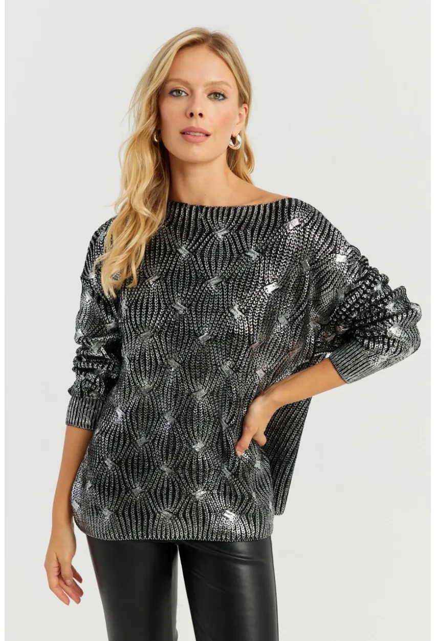 Kadın Gümüş Rengi Varaklı Triko Kazak SF2533