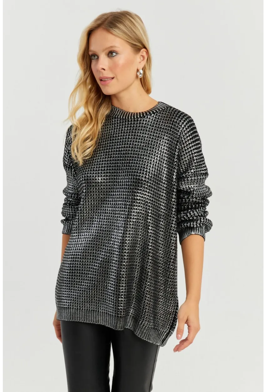 Kadın Gümüş Rengi Varaklı Triko Kazak SF2534