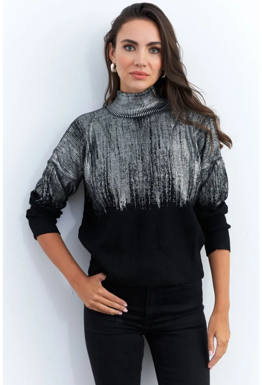 Kadın Gümüş-Siyah Balıkçı Yaka Varaklı Kazak RM07