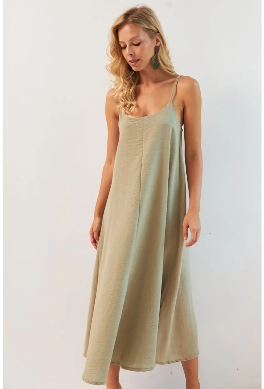 Kadın Haki Ayarlanabilir Askılı Midi Keten Elbise DMR355