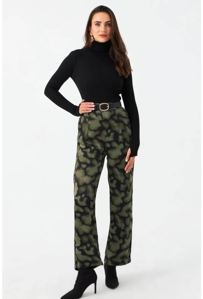 Kadın Haki Batik Desenli Saten Pantolon CAR1069