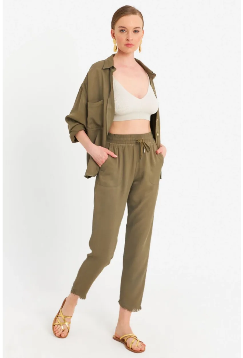 Kadın Haki Beli Lastikli Tensel Pantolon SUN201