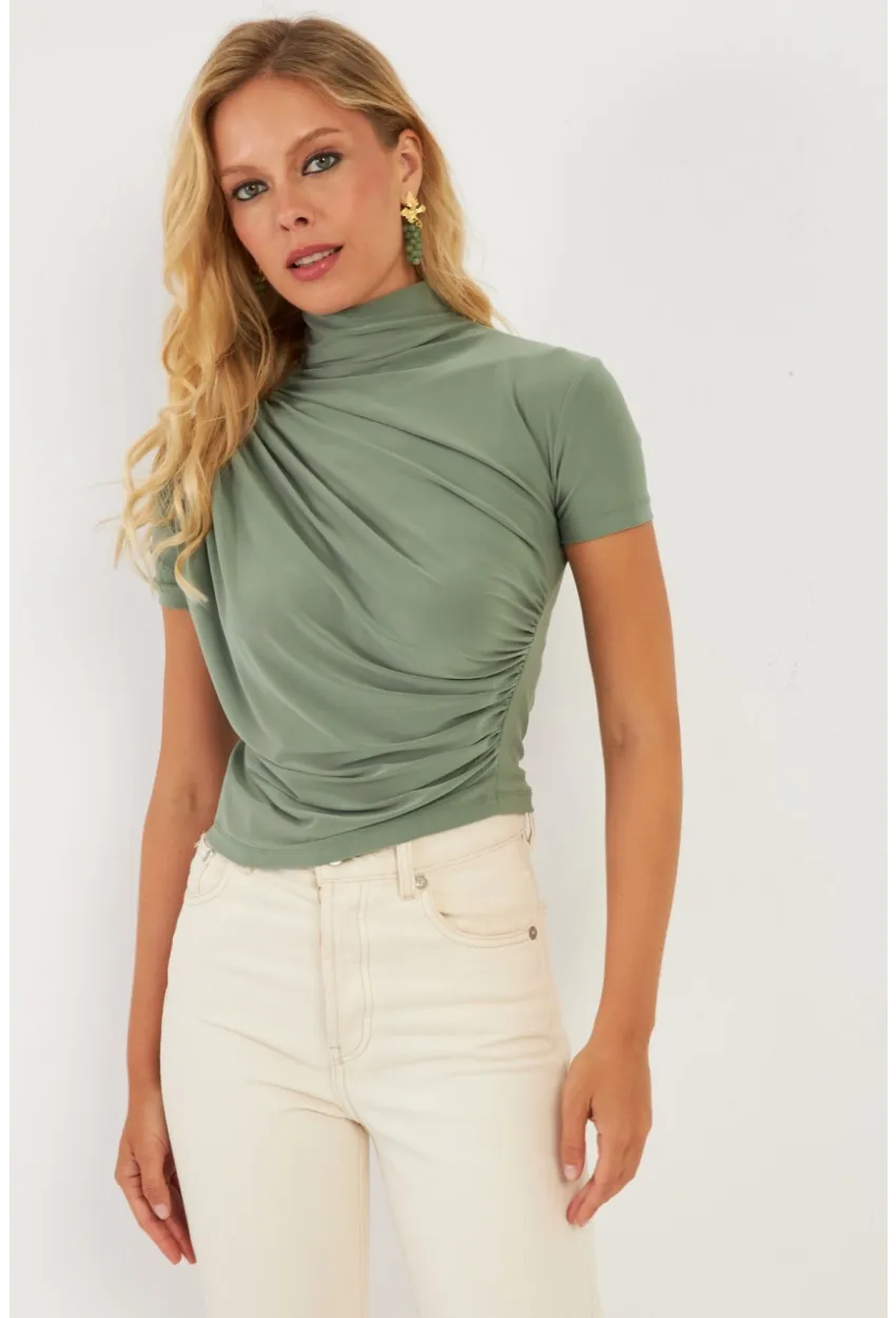 Kadın Haki Büzgülü Bluz LPP1287