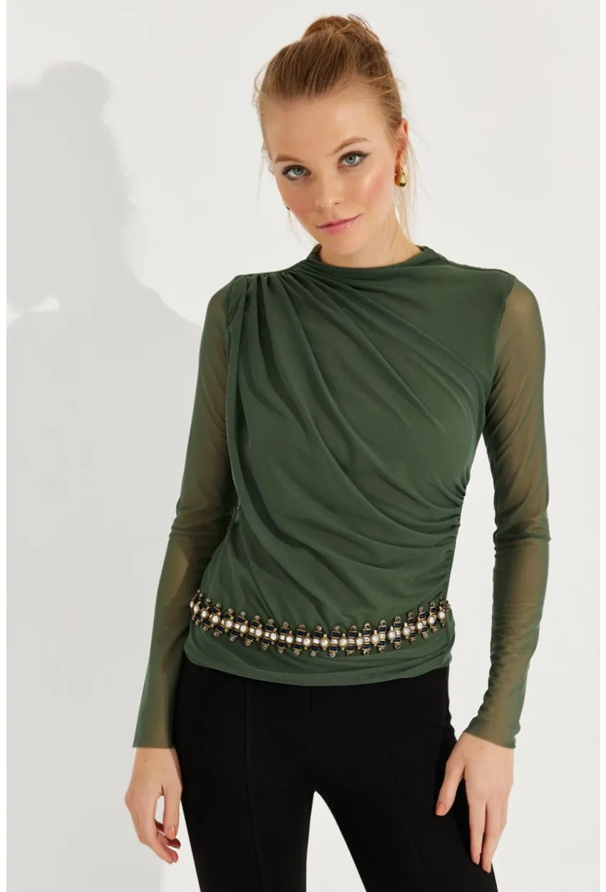 Kadın Haki Büzgülü Drapeli Tül Bluz LPP1244