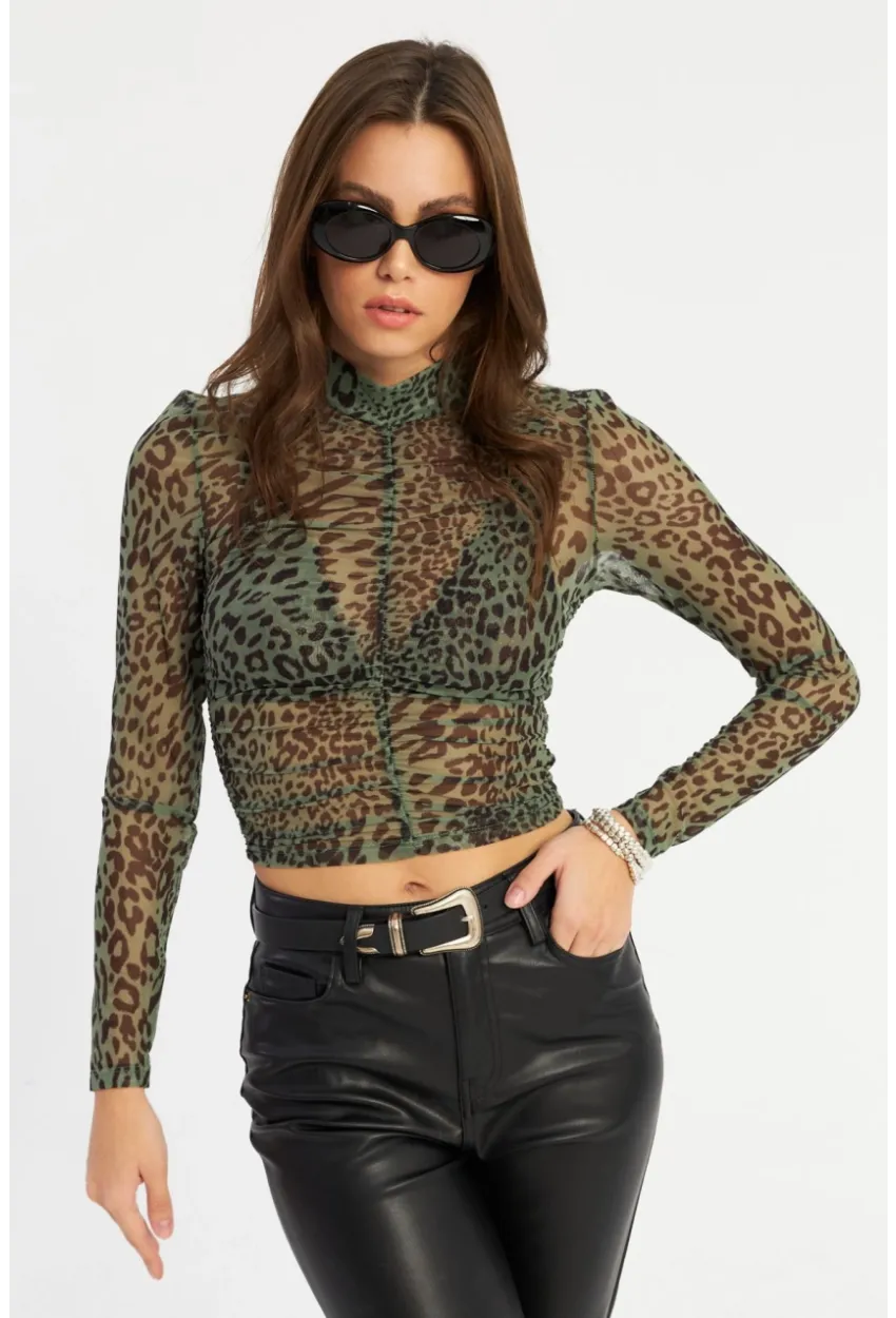 Kadın Haki Büzgülü Leopar Tül Bluz AYD379