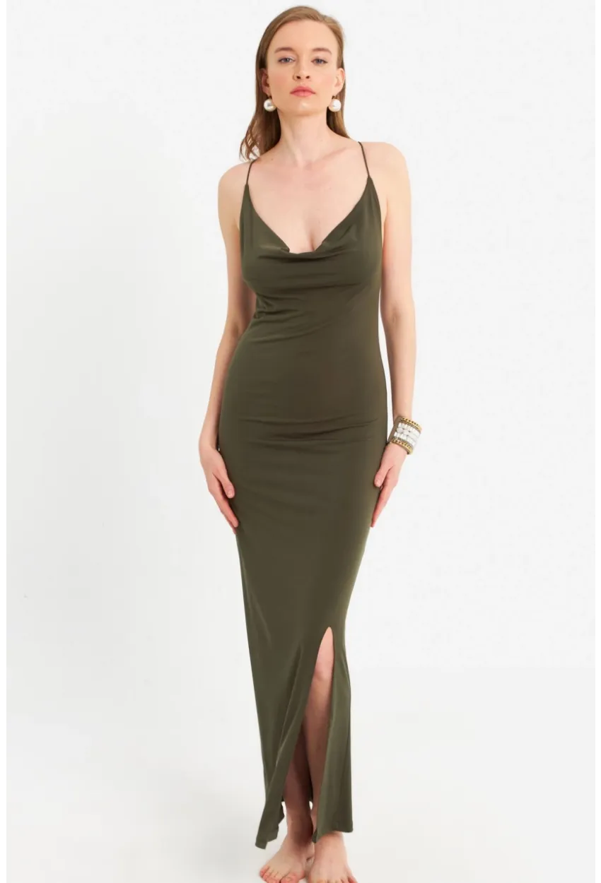 Kadın Haki Degaje Yaka Askılı Maxi Elbise DMR289
