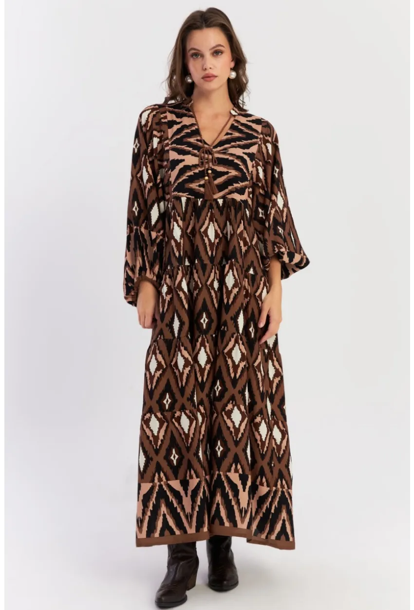 Kadın Haki Desenli Dokuma Maxi Elbise ALO235