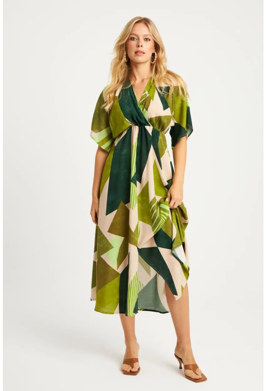 Kadın Haki Desenli Kruvaze Midi Elbise HT108