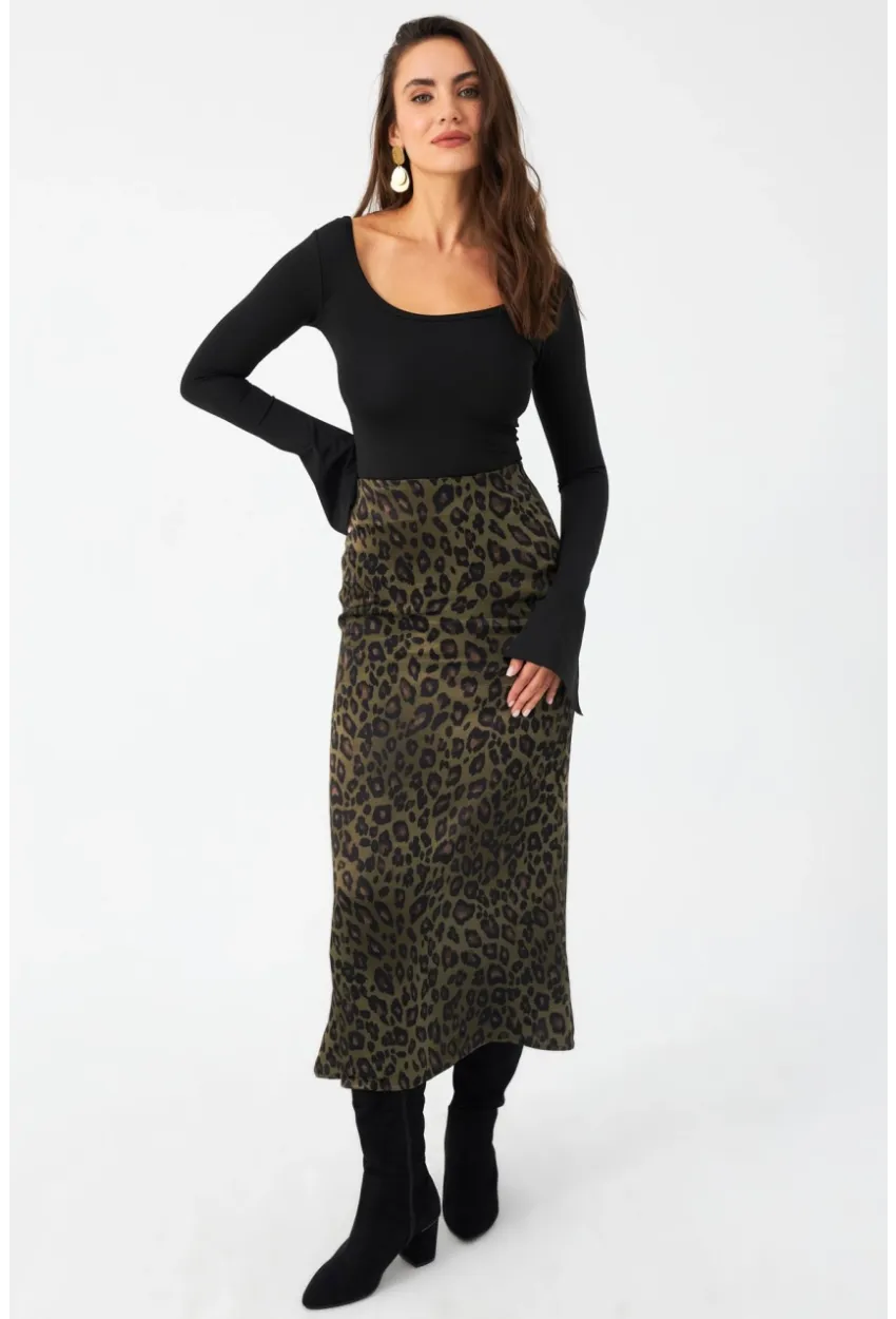 Kadın Haki Desenli Saten Etek CAR1060