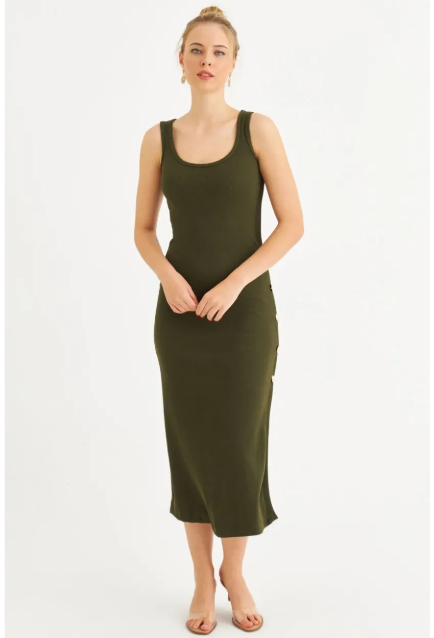 Kadın Haki Düğme Detaylı Kaşkorse Midi Elbise EY2837