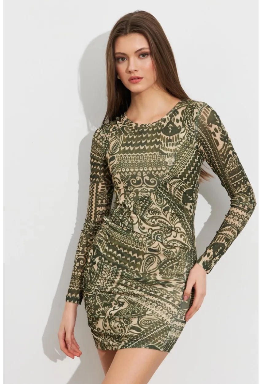 Kadın Haki Etnik Desenli Mini Elbise ROP110