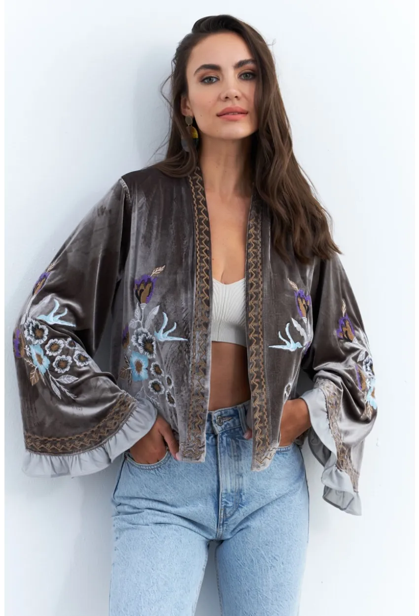Kadın Haki İspanyol Kol Nakışlı Kadife Ceket QS5577