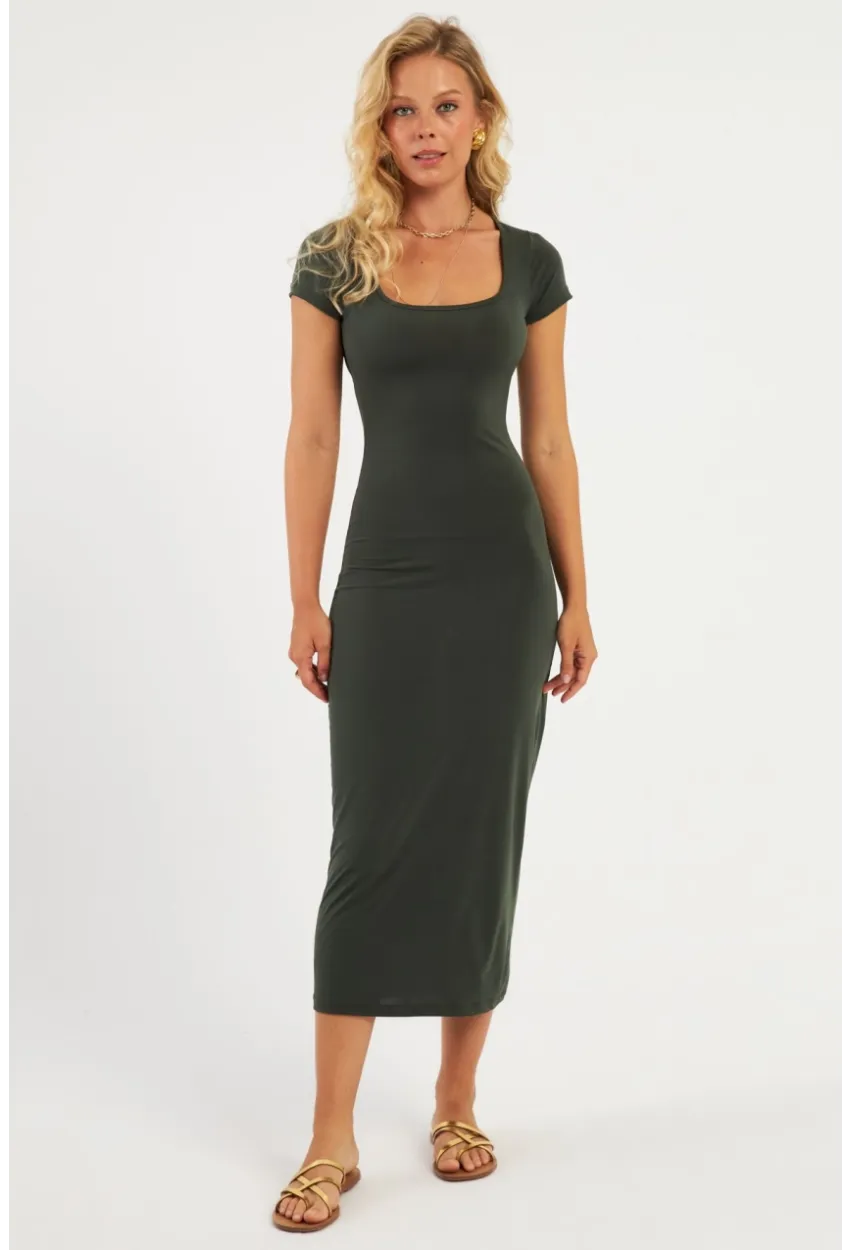 Kadın Haki Kare Yaka Midi Elbise DMR2431