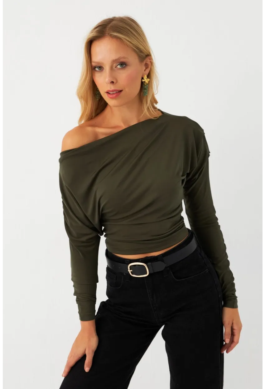 Kadın Haki Kayık Yaka Bluz DMR382-1