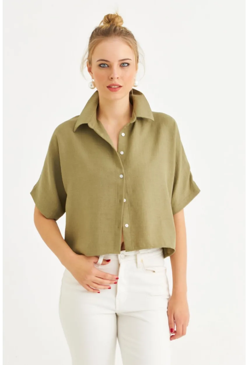 Kadın Haki Kısa Kollu Crop Gömlek CNG117
