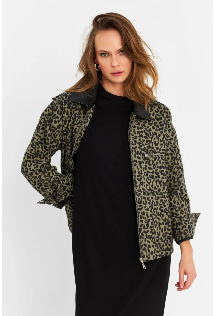 Kadın Haki Leopar Denim Ceket MELT1174