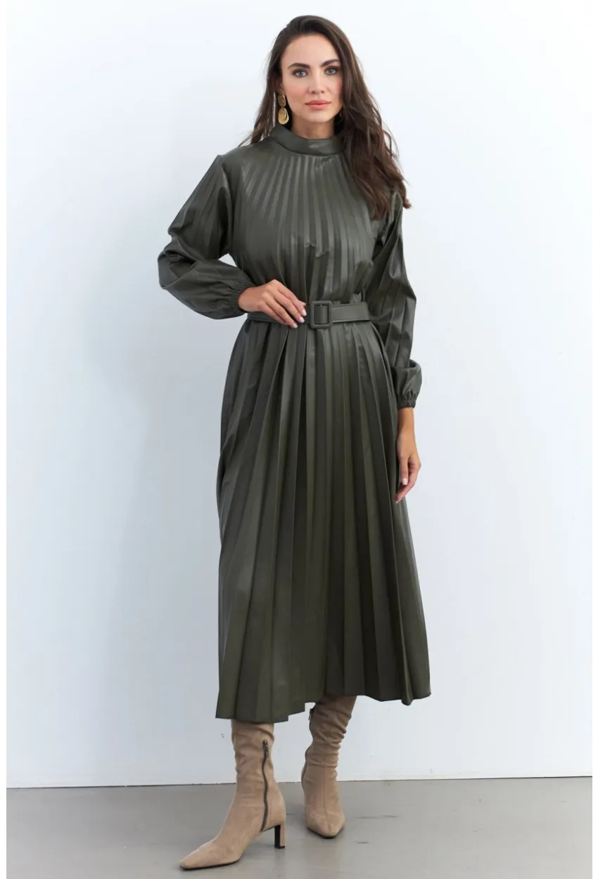 Kadın Haki Pileli Kemerli Maxi Elbise MALZ99