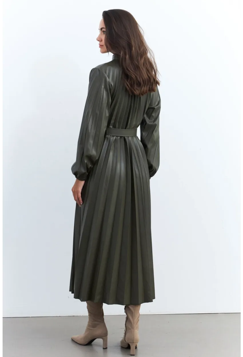 Kadın Haki Pileli Kemerli Maxi Elbise MALZ99